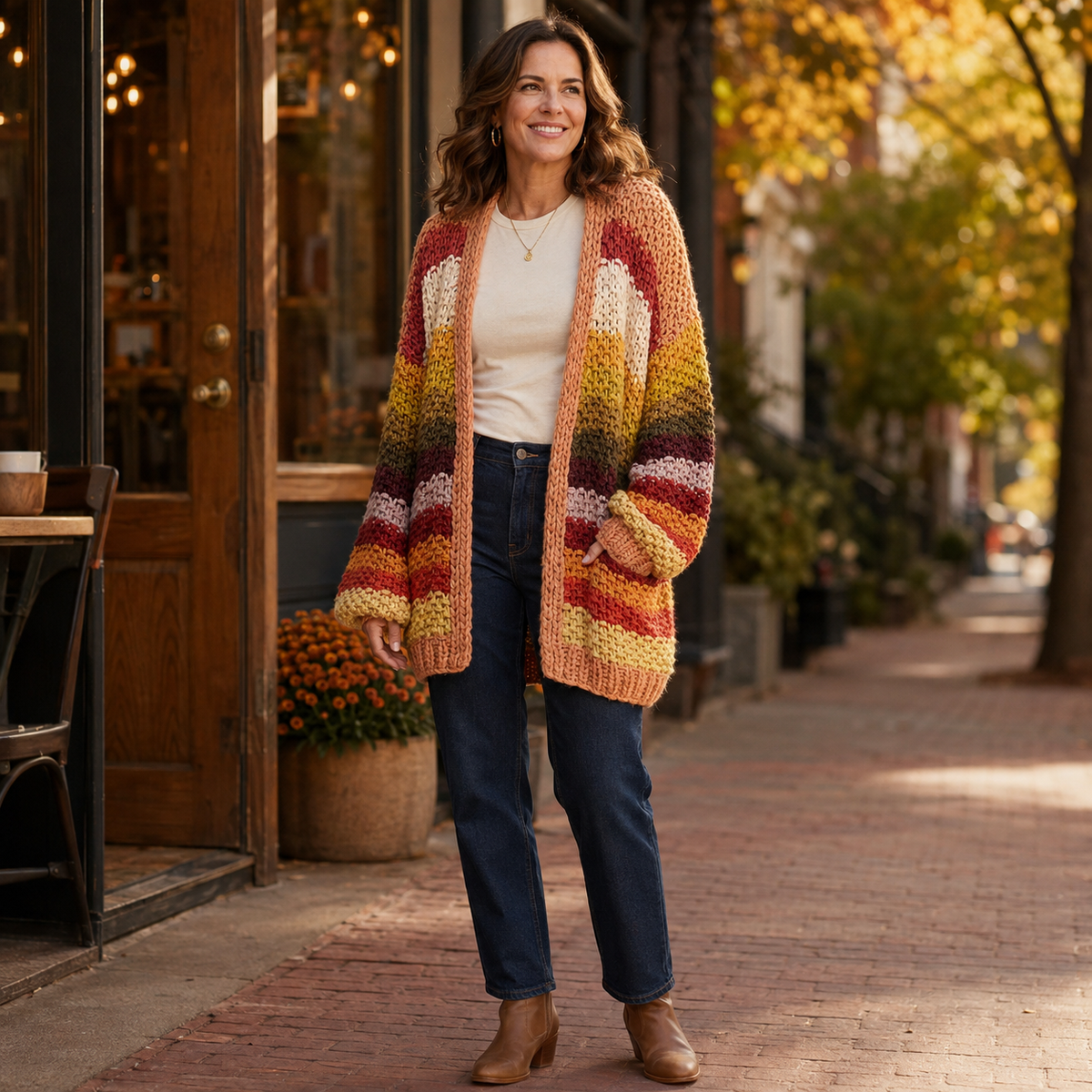 Striped hand-crochet open cardigan in autumn stripes, a transitional layer from Fitkitty Culture