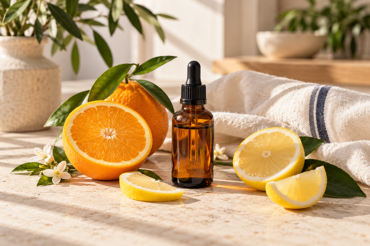 Amber skincare dropper bottle with citrus fruit on light stone