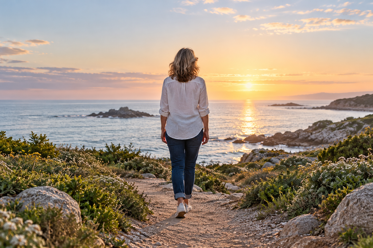 A woman pausing on a quiet coastal path