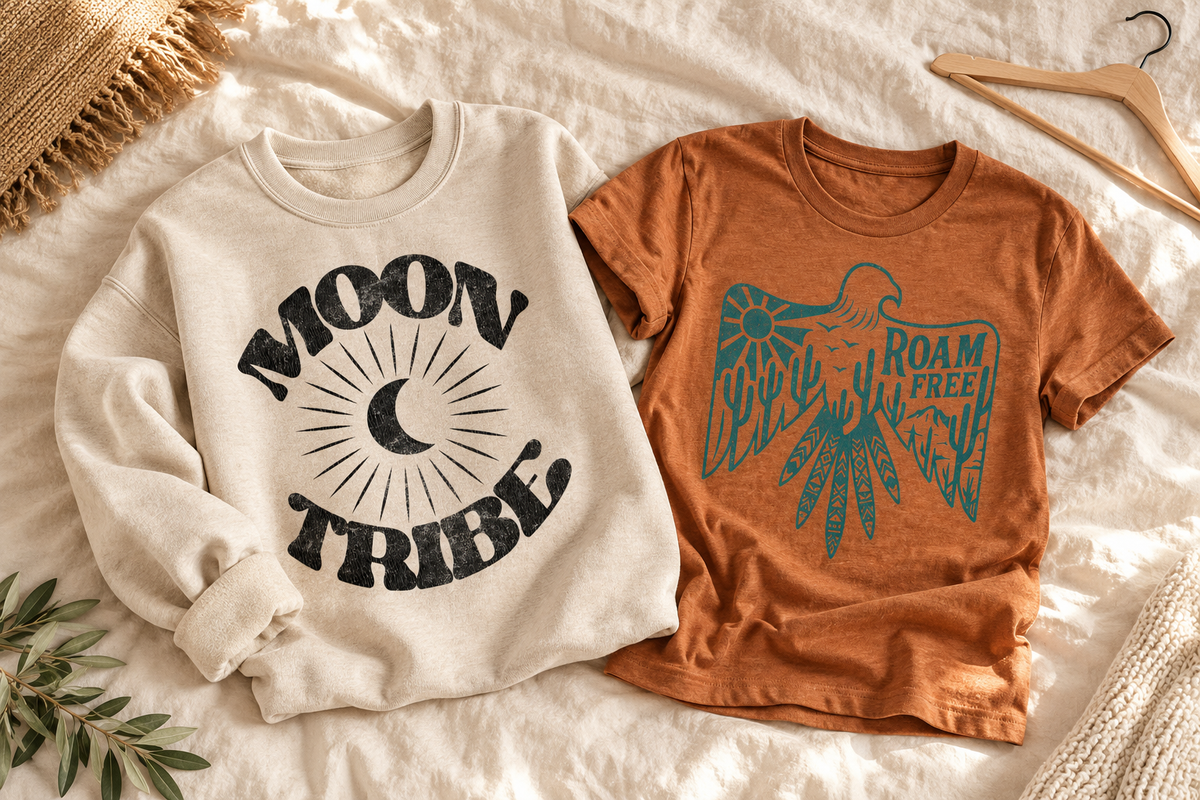 House of Caelo Moon Tribe sweatshirt and Roam Free tee arranged for a closet edit
