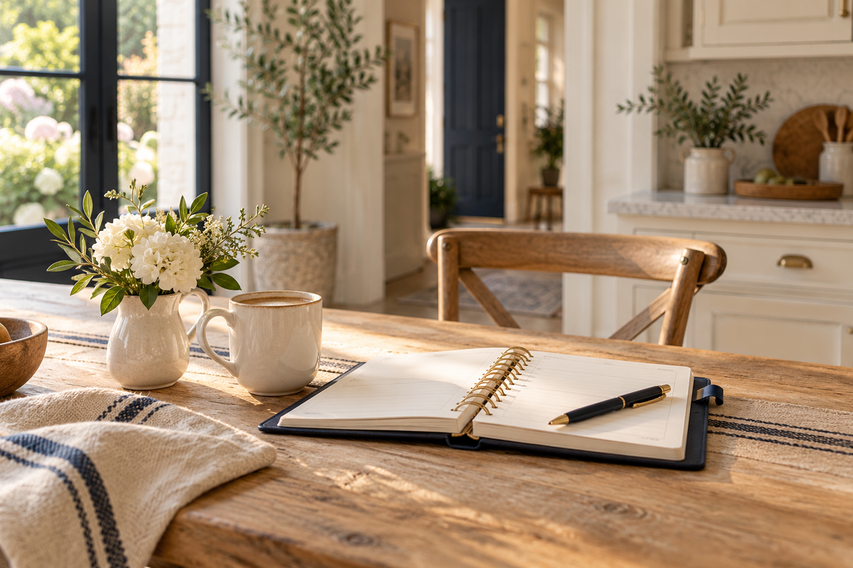 An open planner and coffee on a quiet kitchen table
