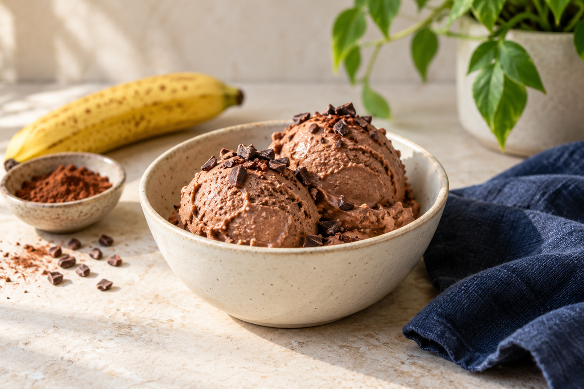 Chocolate banana nice cream in a cream ceramic bowl