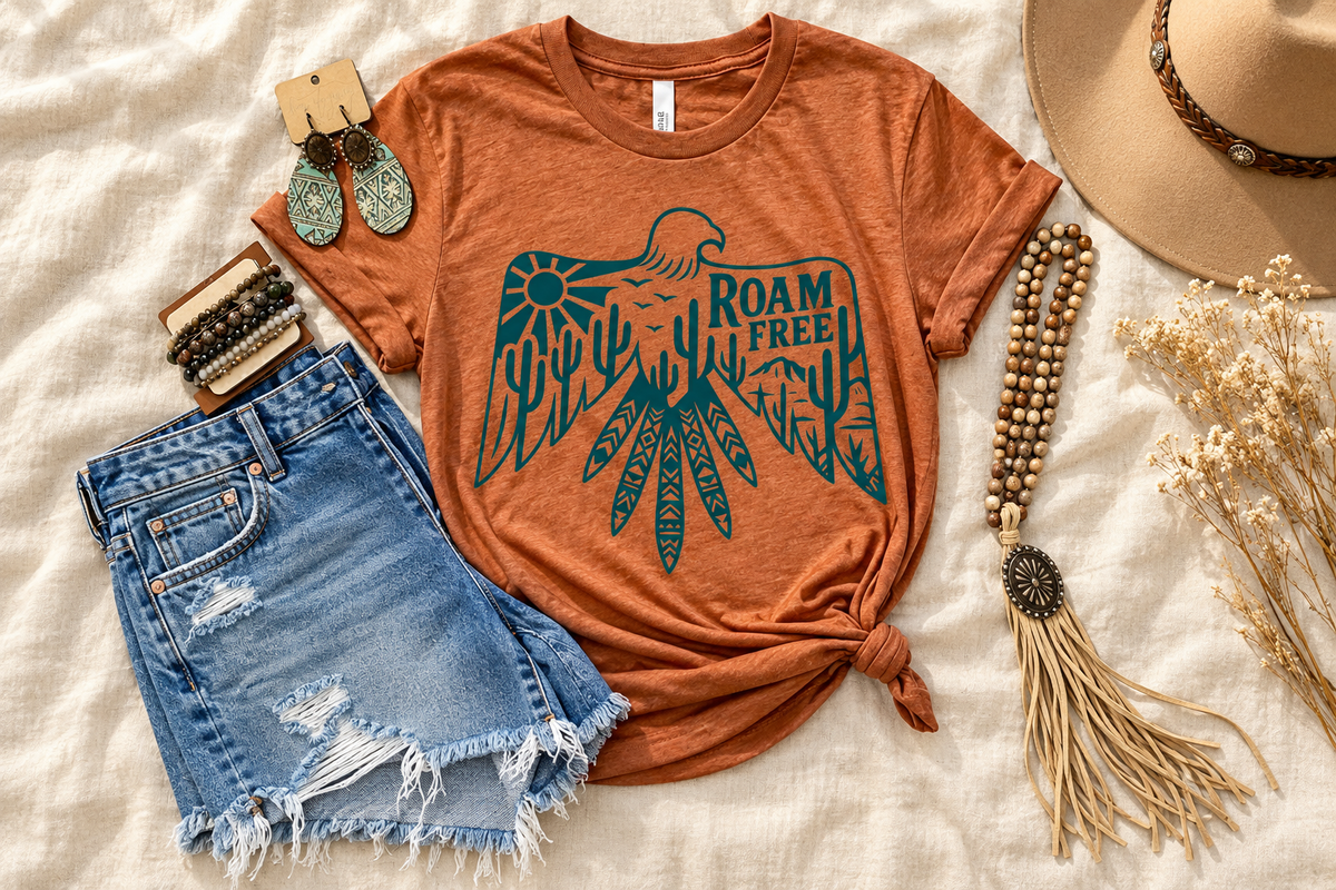House of Caelo Roam Free tee styled with denim shorts and boho accessories