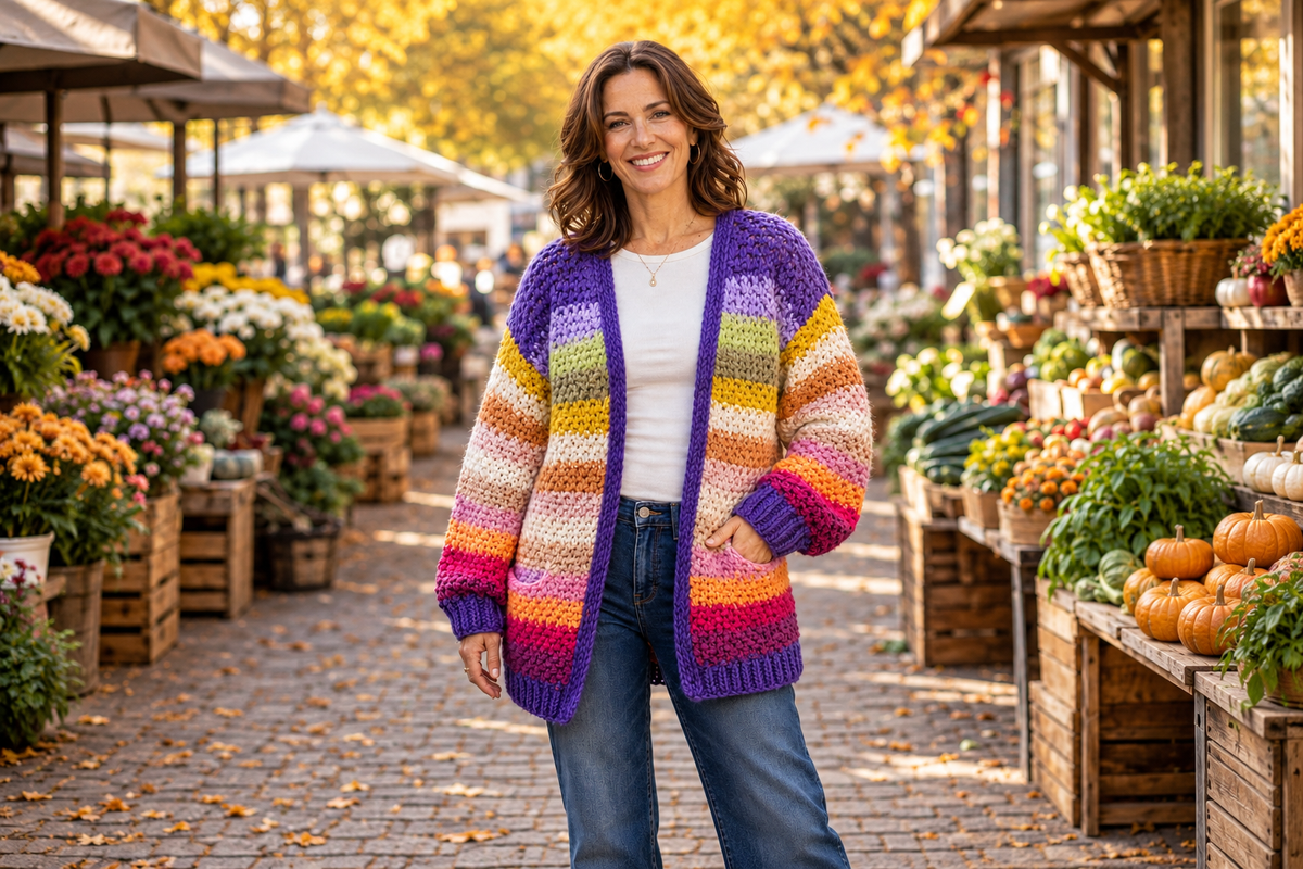 House of Caelo Rainbow Hand-Crochet Cardigan styled with denim