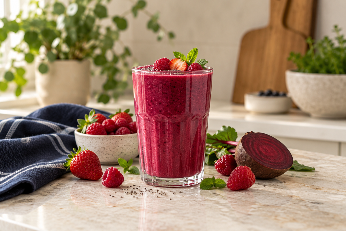 Beet and berry smoothie with fresh strawberries and raspberries
