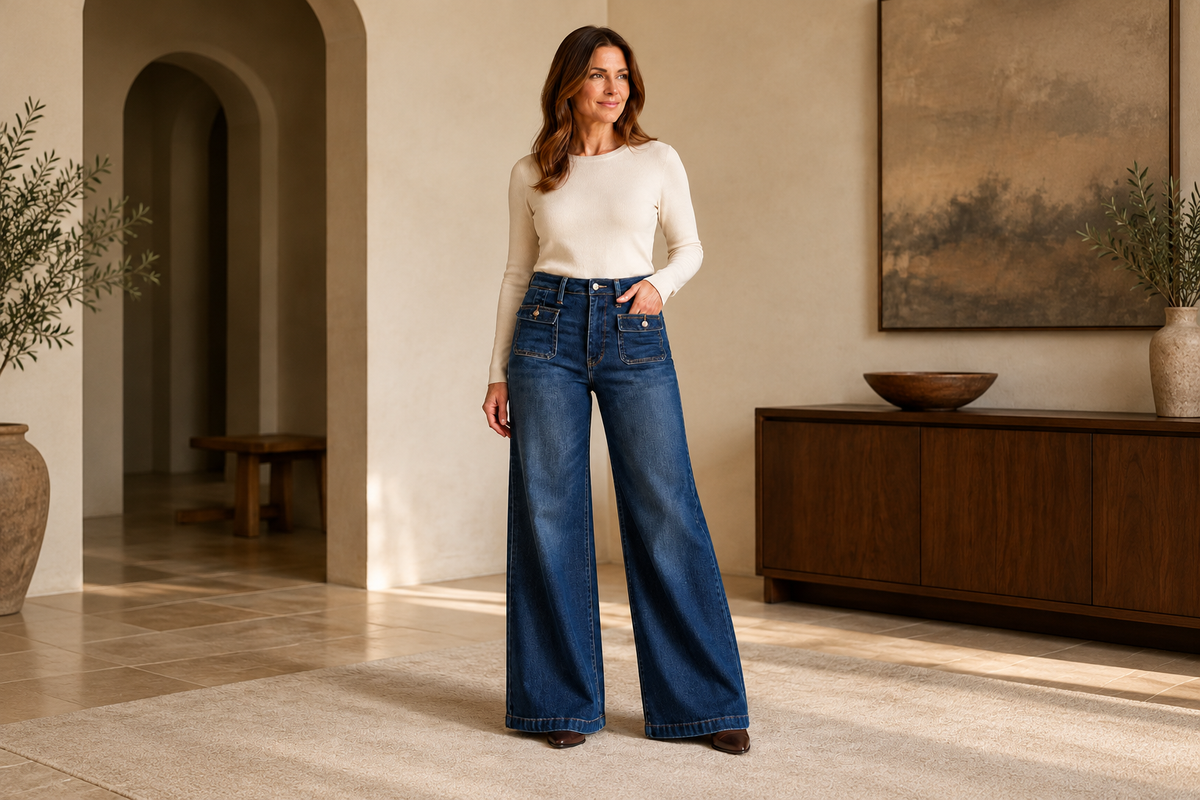 House of Caelo dark indigo wide-leg jeans styled with a cream top