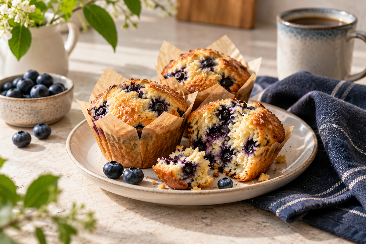 Blueberry muffins on a cream plate