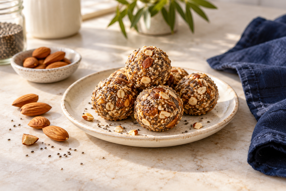 Almond and chia energy bites on a cream plate