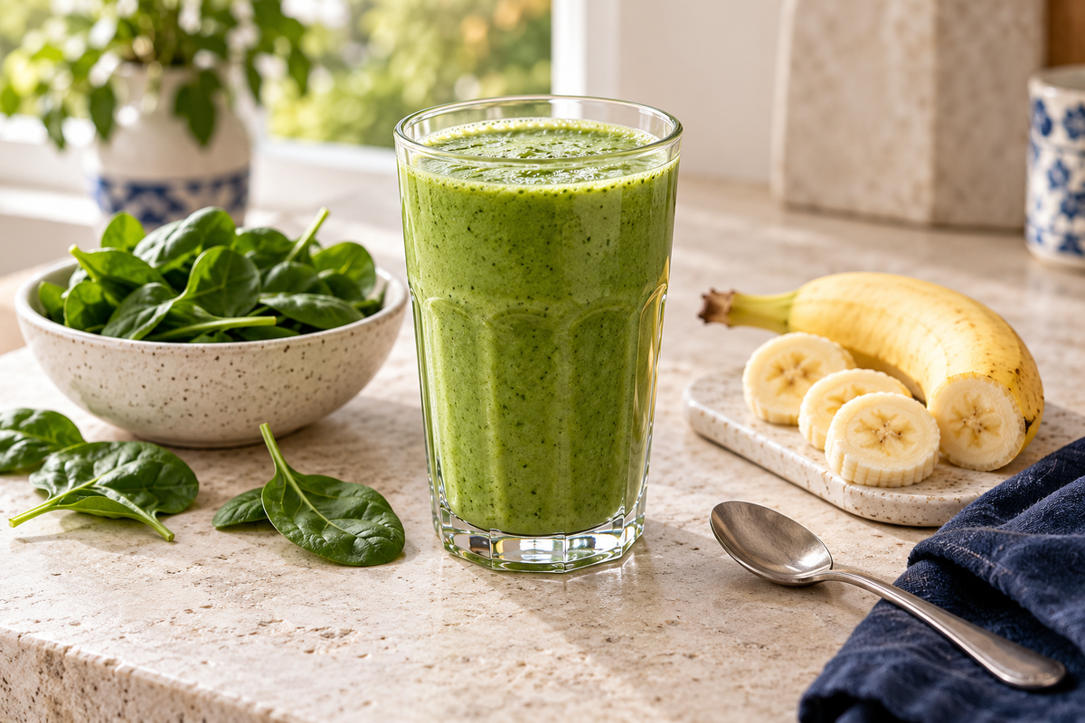 Green spinach smoothie with banana and fresh spinach on a light stone table