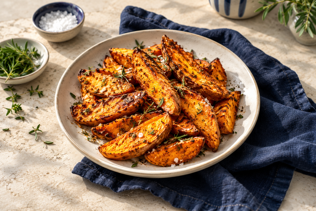 Golden roasted sweet potato wedges on a cream ceramic plate
