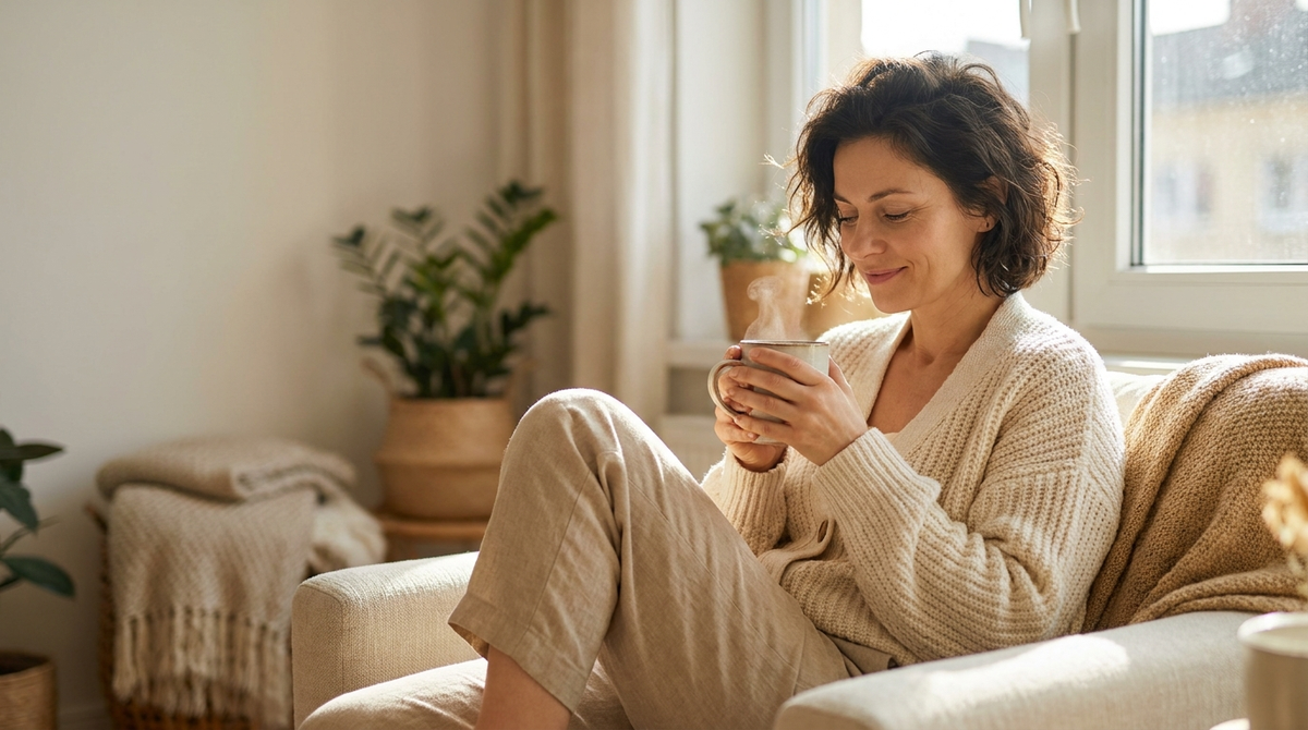 A woman in cozy neutral loungewear pauses by a sunlit window with a warm cup of coffee on a calm weekday morning