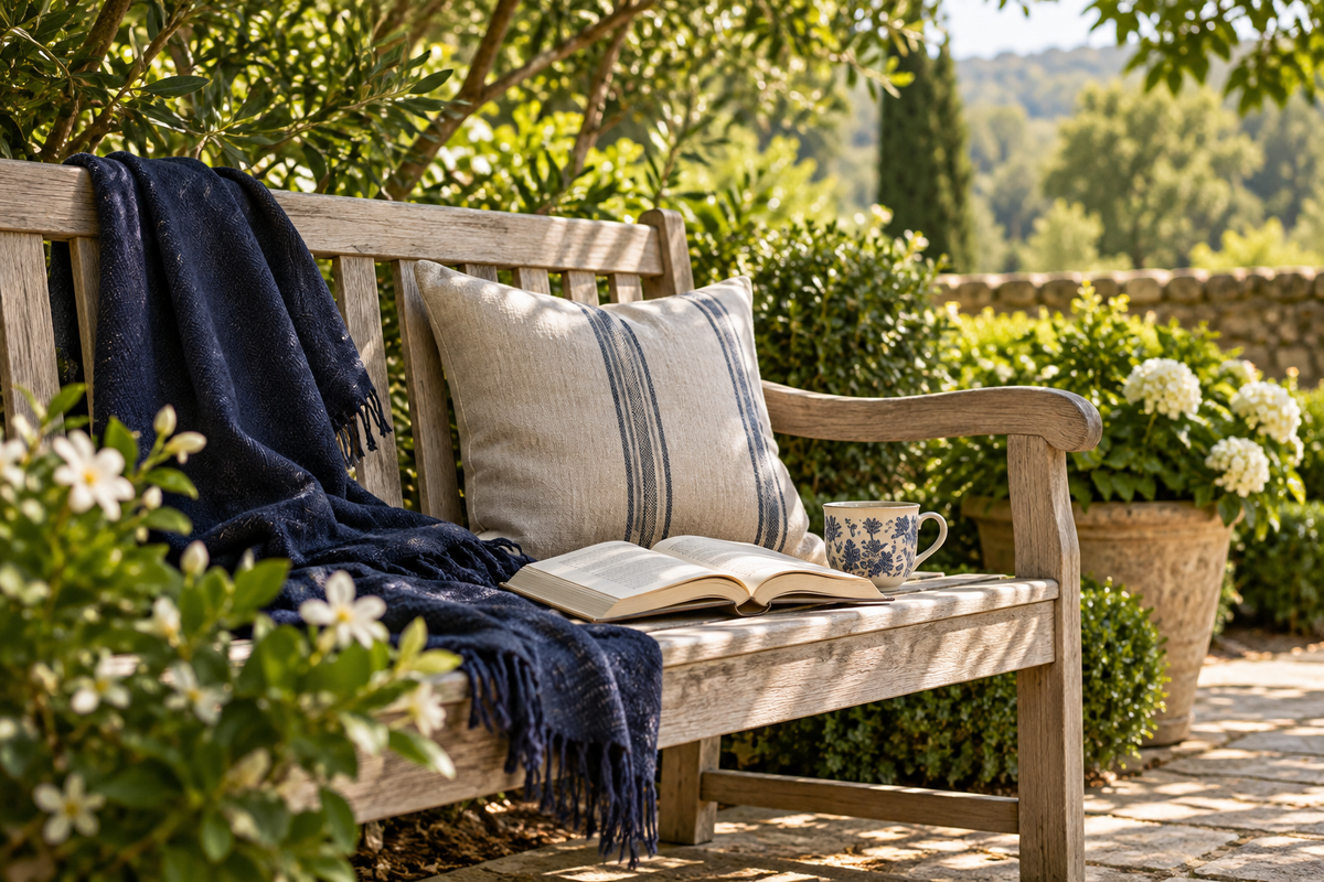 A garden bench with an open book and a navy shawl