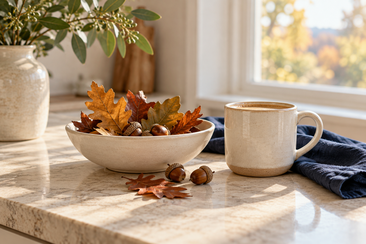 Autumn leaves and acorns beside a warm mug