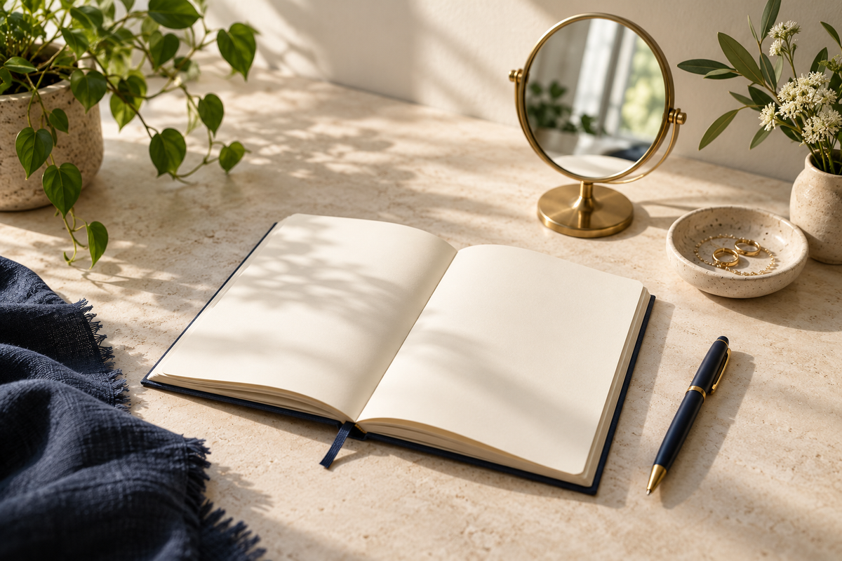 An open notebook and small mirror in morning light