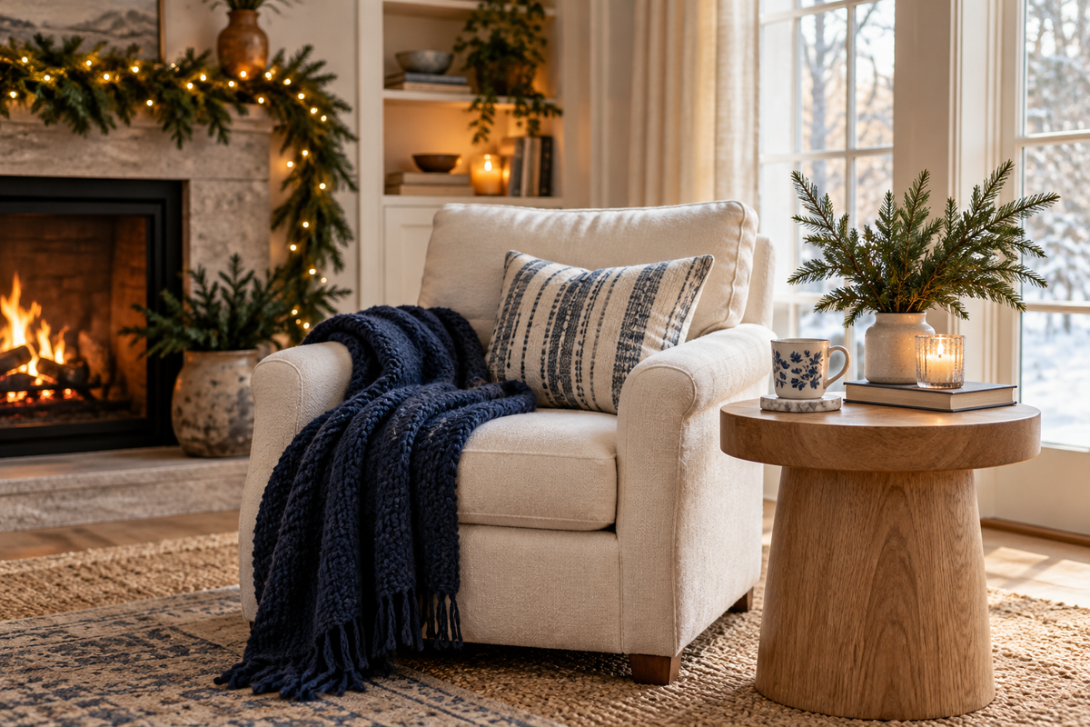 A cozy reading corner with subtle holiday greenery