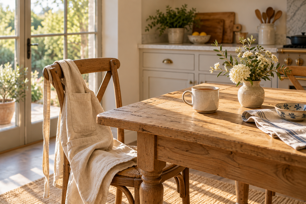 A quiet kitchen table with tea and an apron resting on a chair