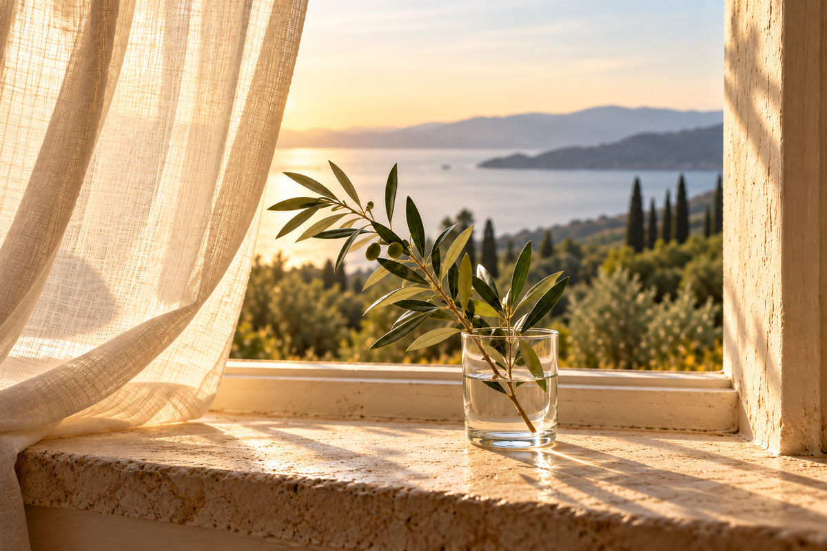 An olive branch in a glass on a sunlit windowsill