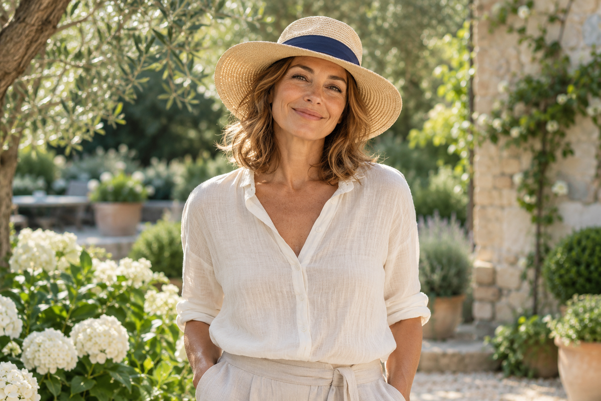 A woman in a straw hat enjoying a quiet garden moment