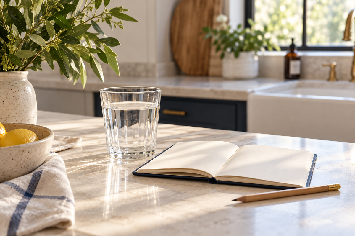 A glass of water, notebook and pencil in morning light