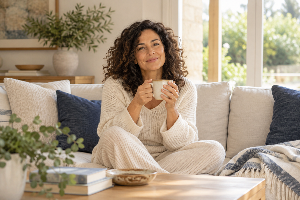 A woman enjoying coffee by a sunlit window