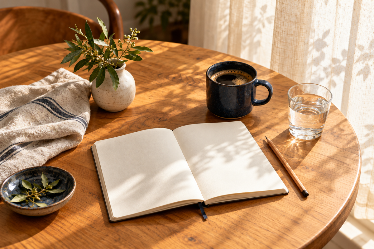 A journal and navy coffee mug on a sunlit table