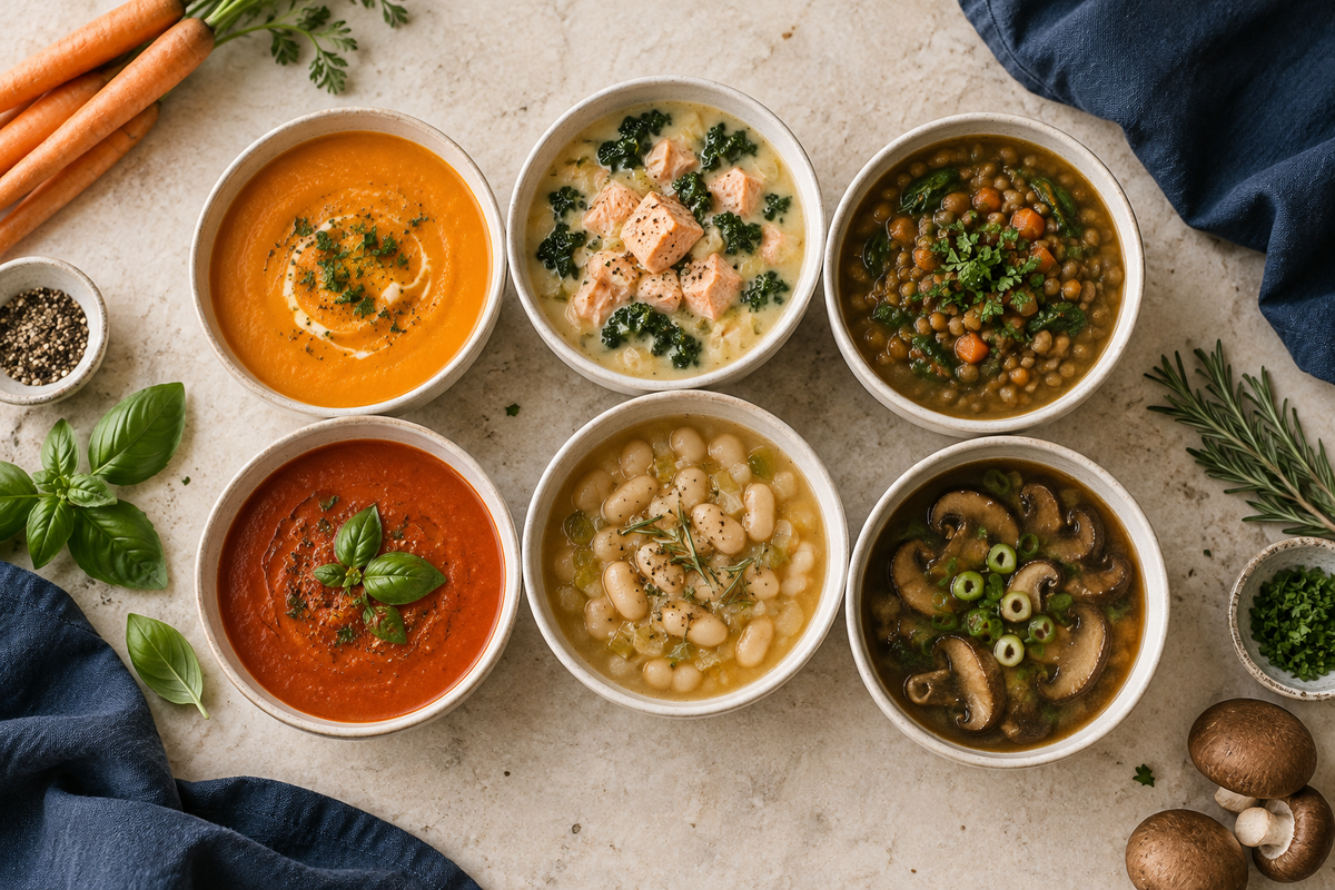 Six bowls of comforting soup on a light stone table
