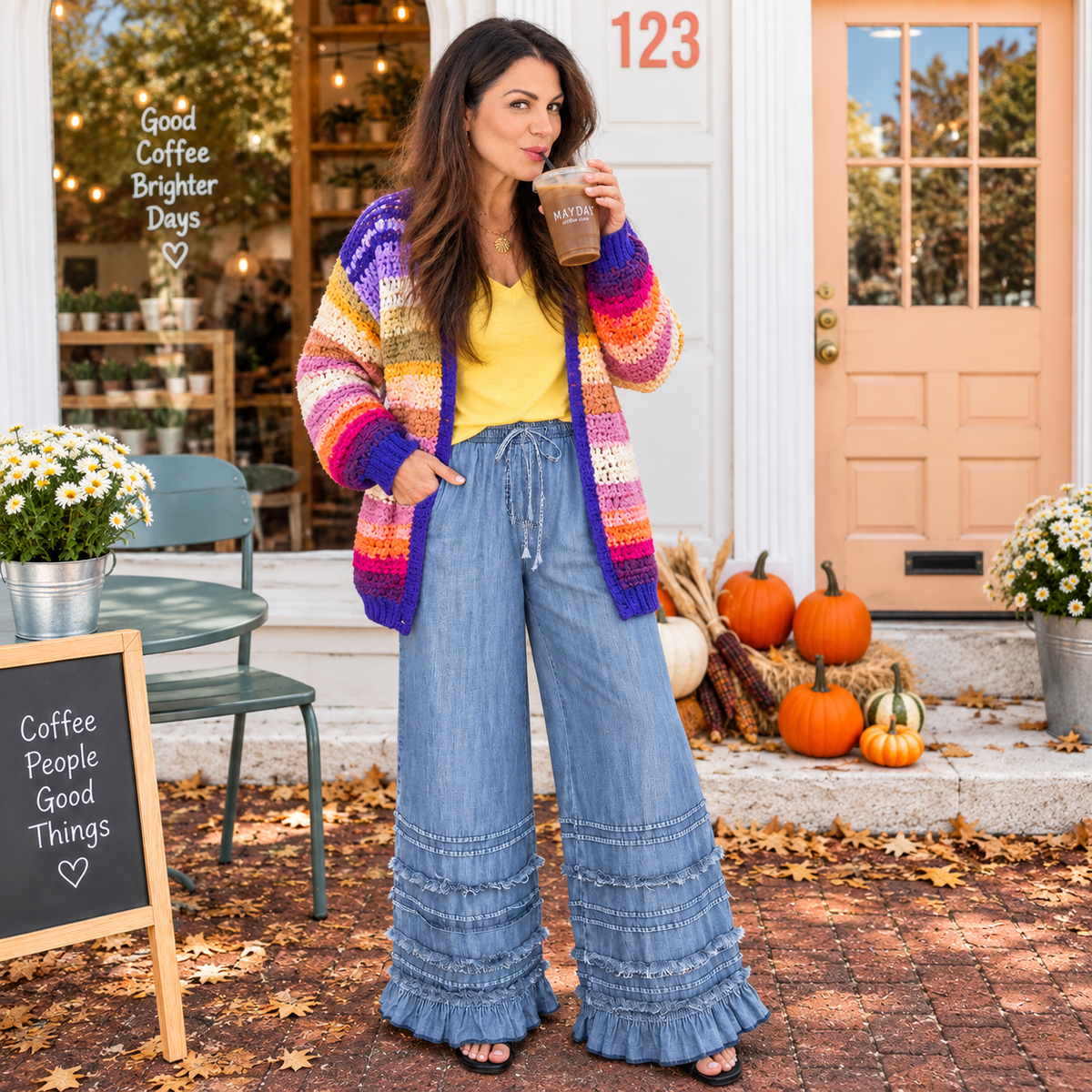 Sunshine Slub V-Neck Tee styled with Rainbow Hand-Crochet Open Cardigan and Free Spirit Tiered Chambray Palazzo Pants