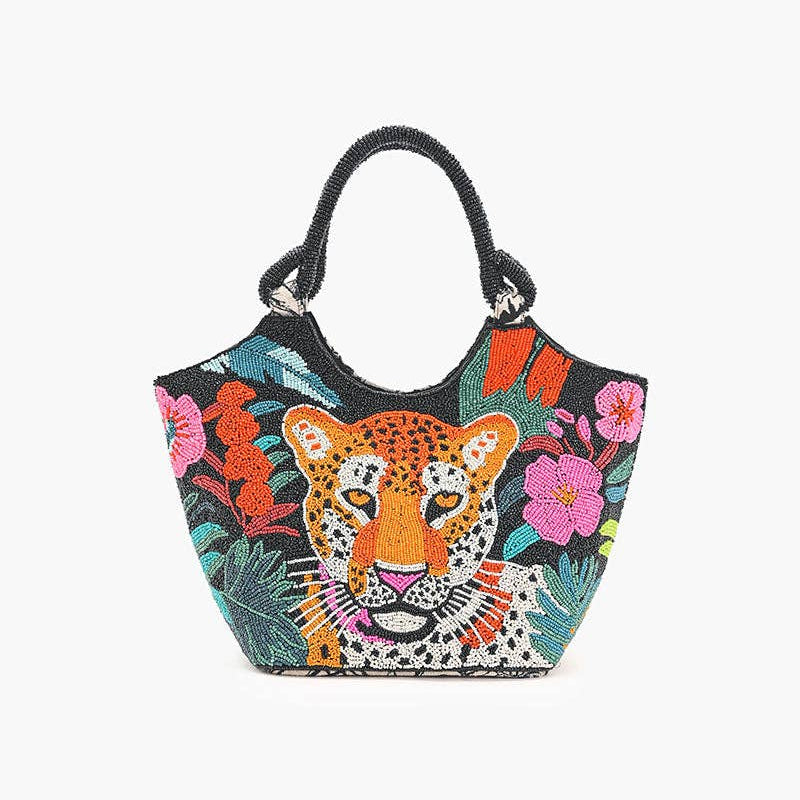 Tropical leopard-print embellished handbag with playful boho detail