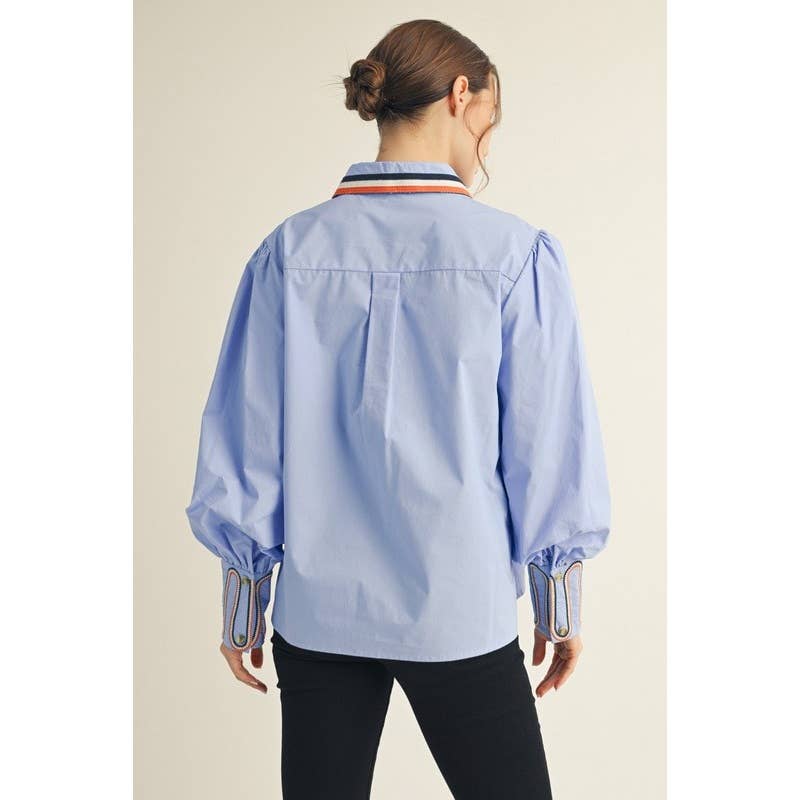 Embroidered Accent Puff Sleeve Button-Down Shirt - Fitkitty Culture Athleisure Wear, Yoga Wear & Women's Clothing