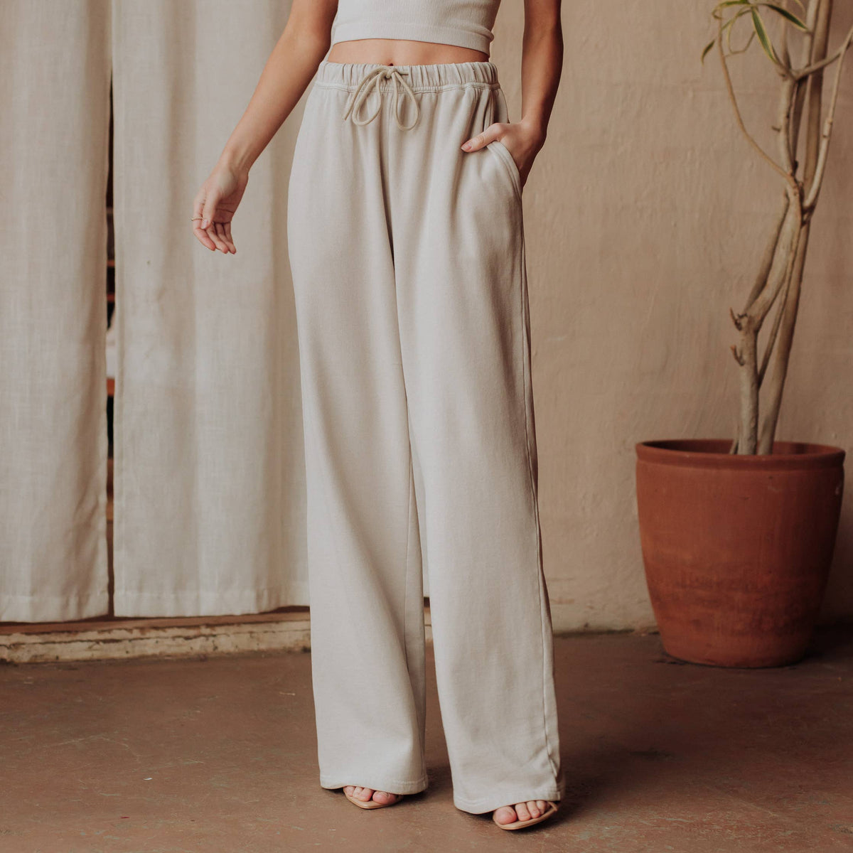 Light gray washed soft lounge pants with relaxed off-duty fit