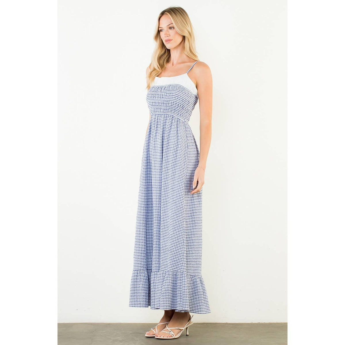 Coastal Brunch Gingham Smocked Maxi Dress, view 3 | Fitkitty Culture®