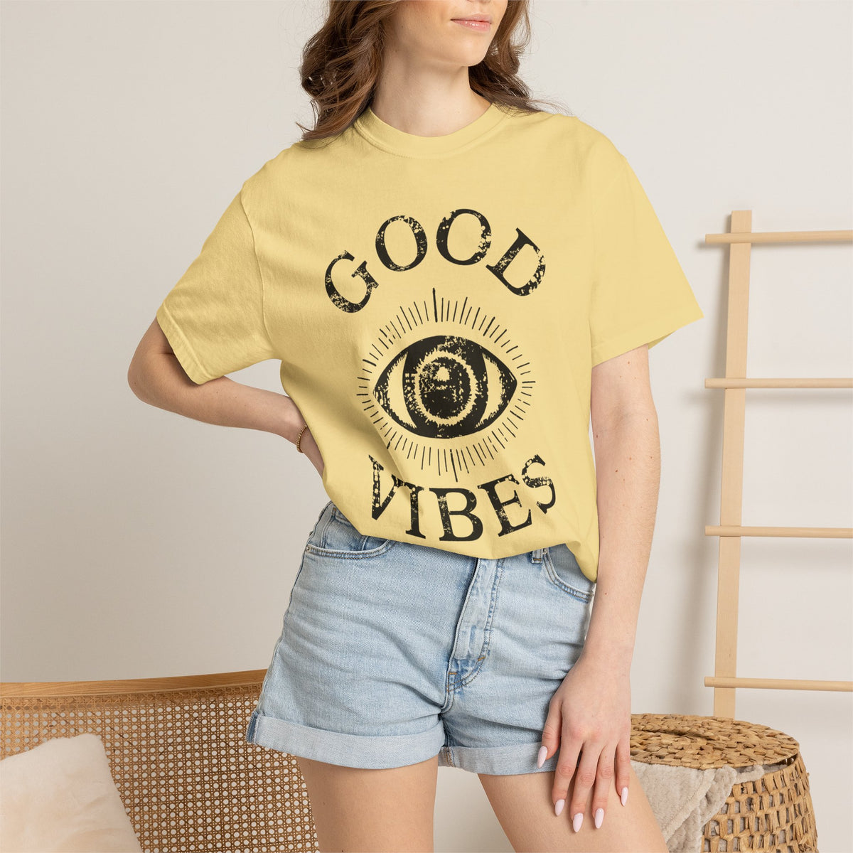 Good Vibes Eye T-Shirt: Vintage Mystic Graphic Tee, view 24 | Fitkitty Culture®