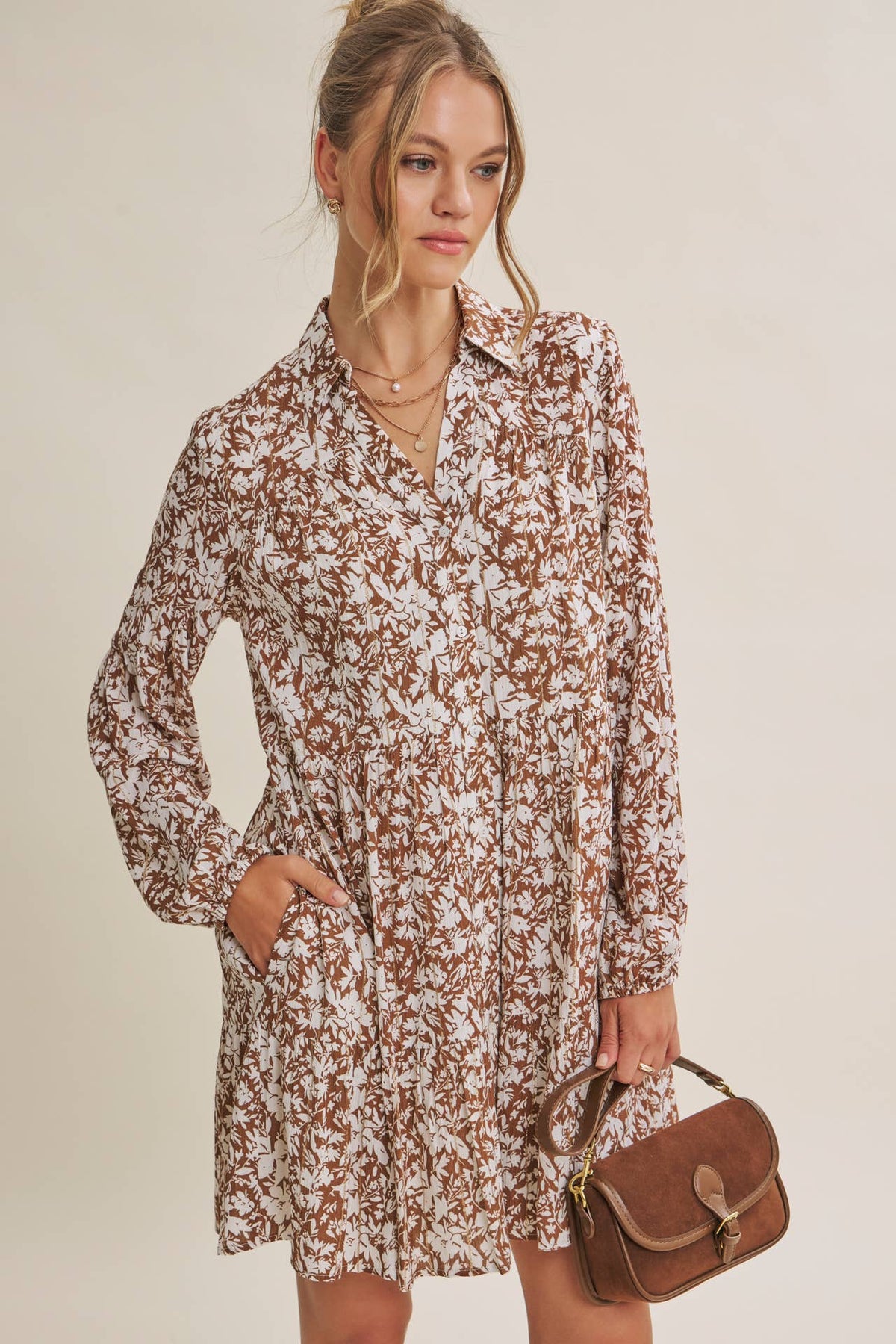 Soft Autumn floral mini dress in mocha and cream, showing the collared neckline, long sleeves, and side pocket.