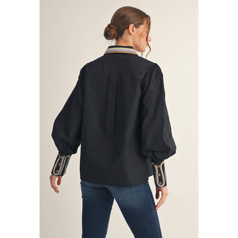Embroidered Accent Puff Sleeve Button-Down Shirt - Fitkitty Culture Athleisure Wear, Yoga Wear & Women's Clothing