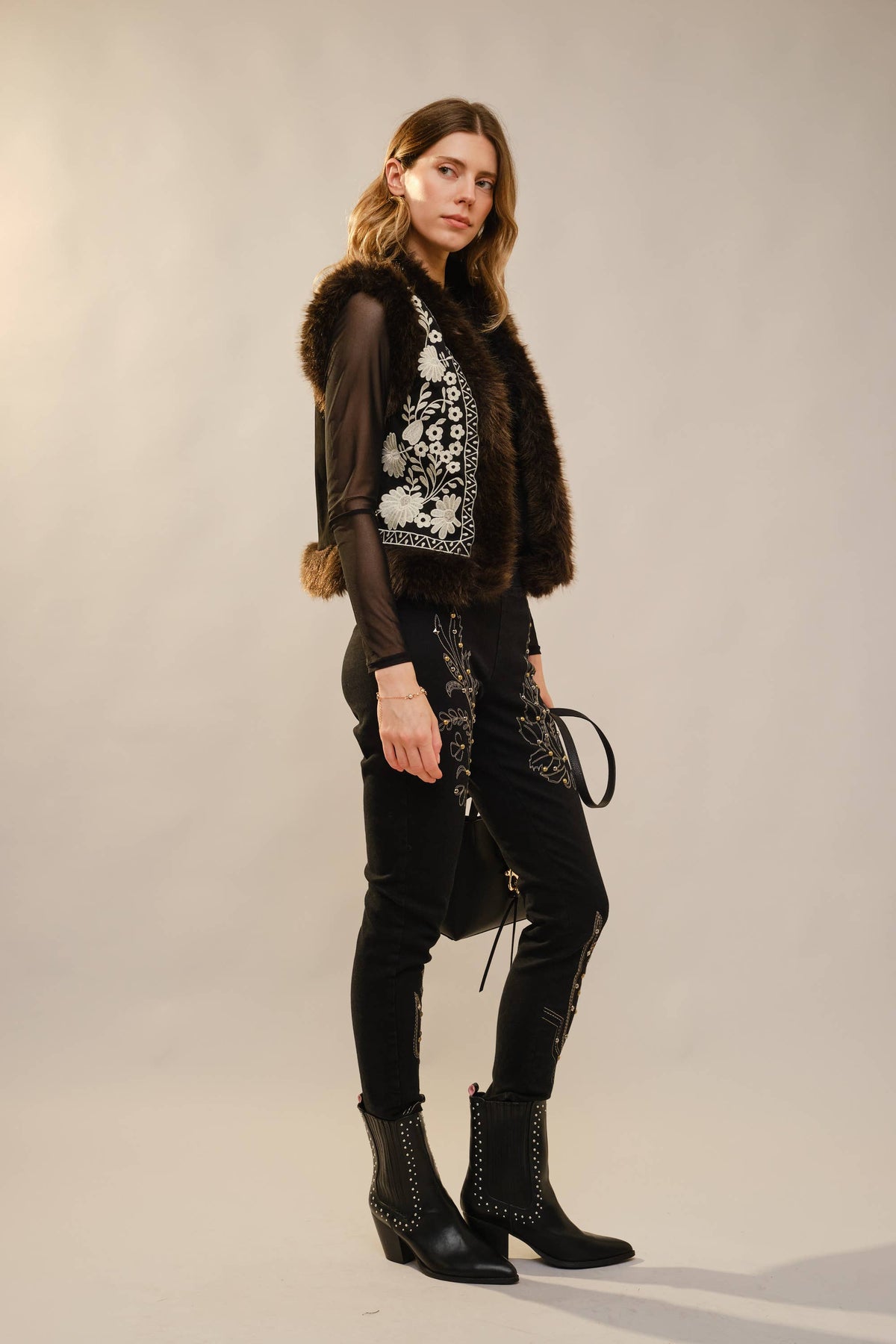 Embroidered Faux Suede Vest with Fur Trim, view 7 | Fitkitty Culture®