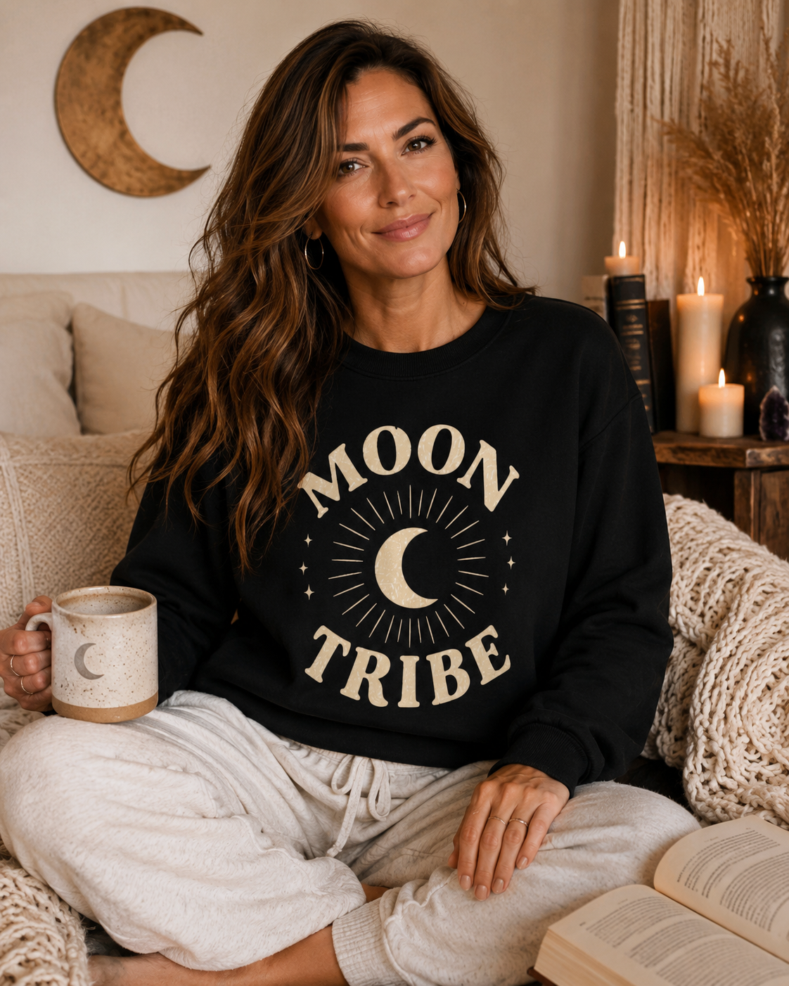 Moon Tribe Crewneck Sweatshirt — Celestial Moon Graphic Pullover - Jewel Tones | Fitkitty Culture®