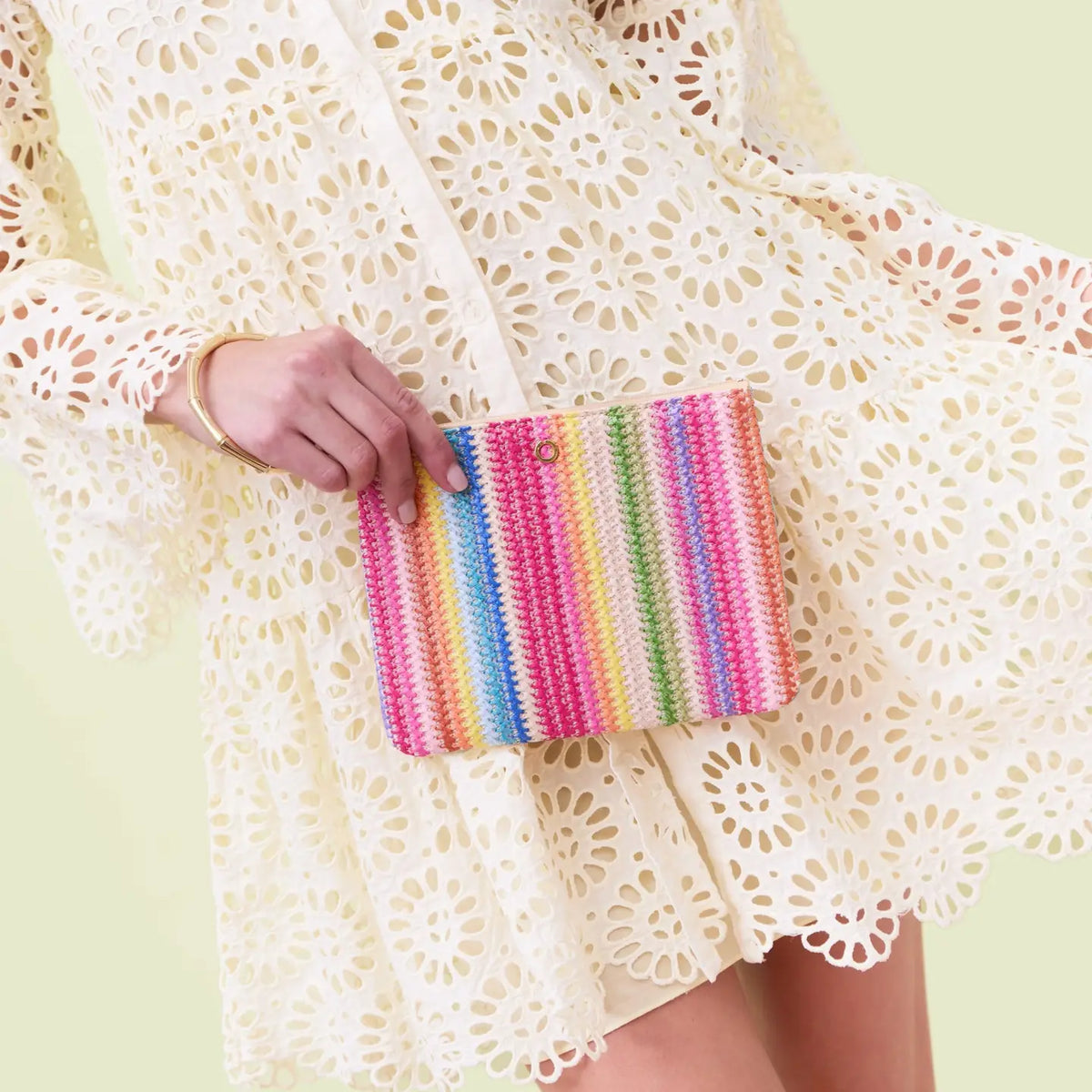 Bright raffia bracelet pouch clutch with wristlet handle