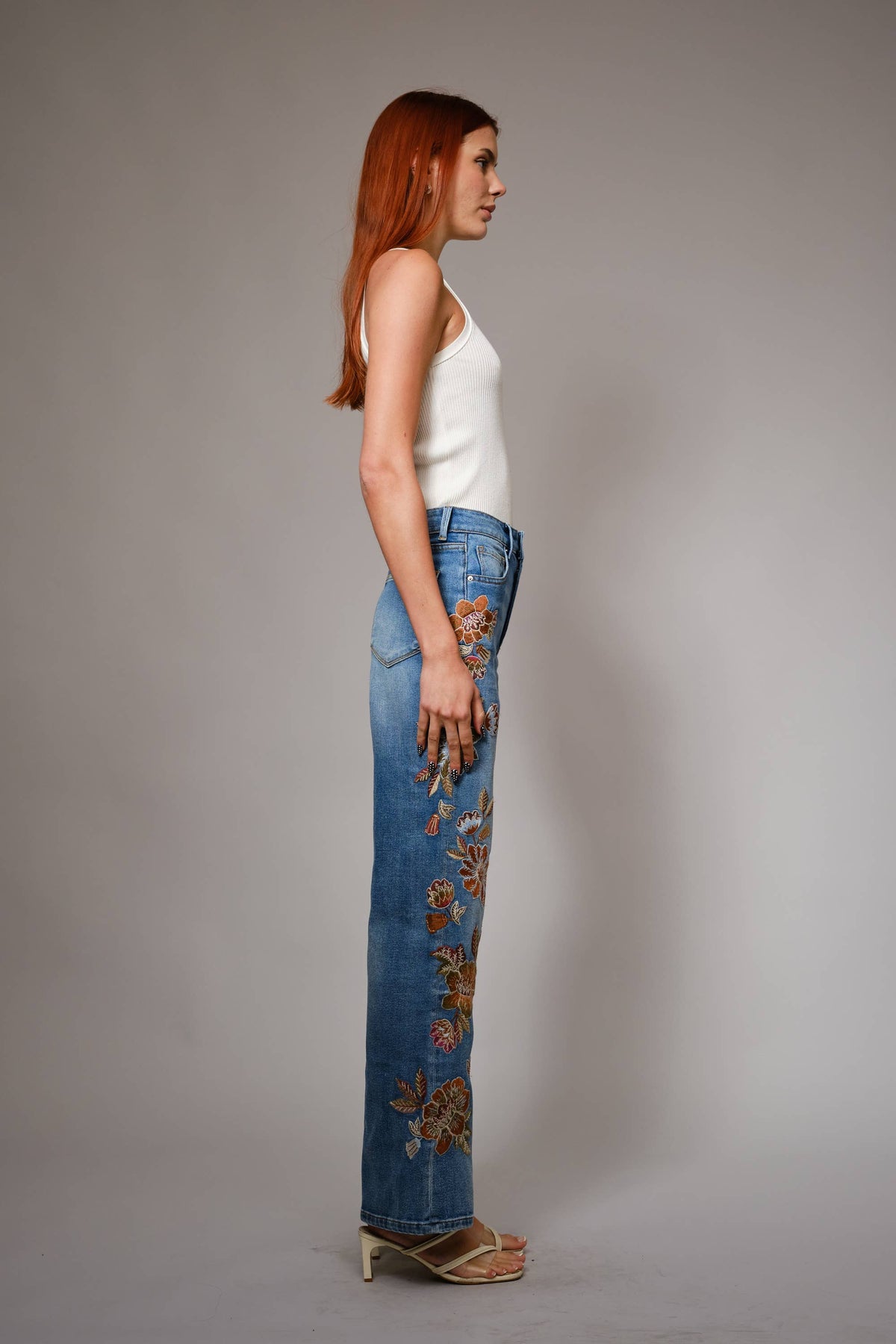 Flower Embroidery High Waist Flare Jeans, view 7 | Fitkitty Culture®