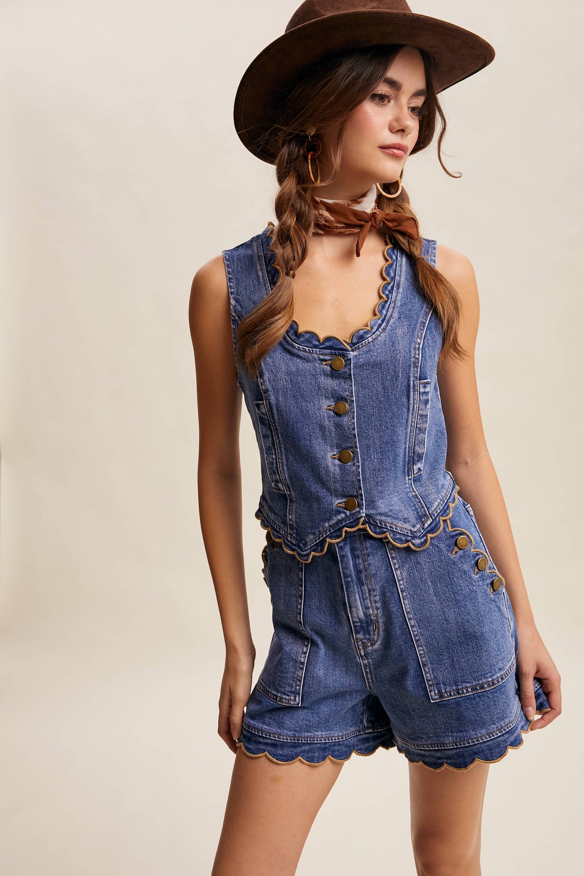 Scallop Trim Stretch Denim Vest LVT030 - Fitkitty Culture Athleisure Wear, Yoga Wear & Women's Clothing