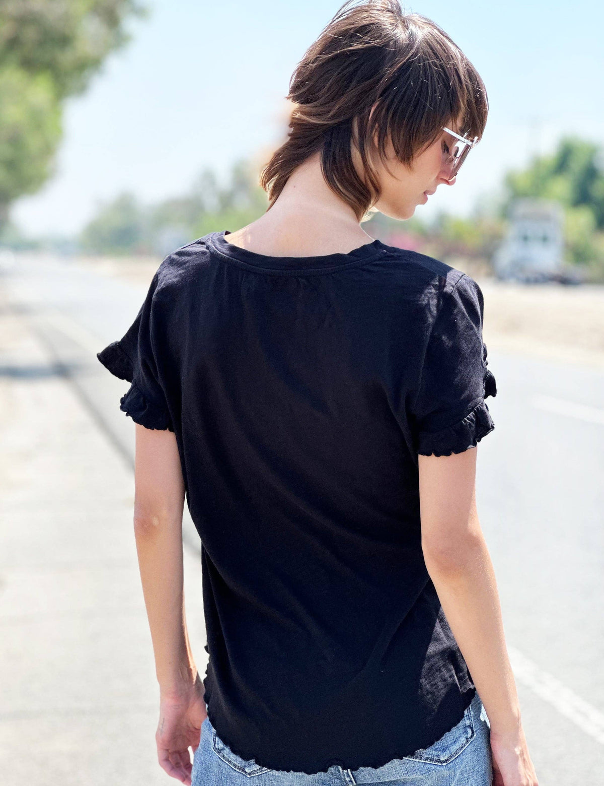 Everyday Ruffle V-Neck Tee - Black, view 2 | Fitkitty Culture®