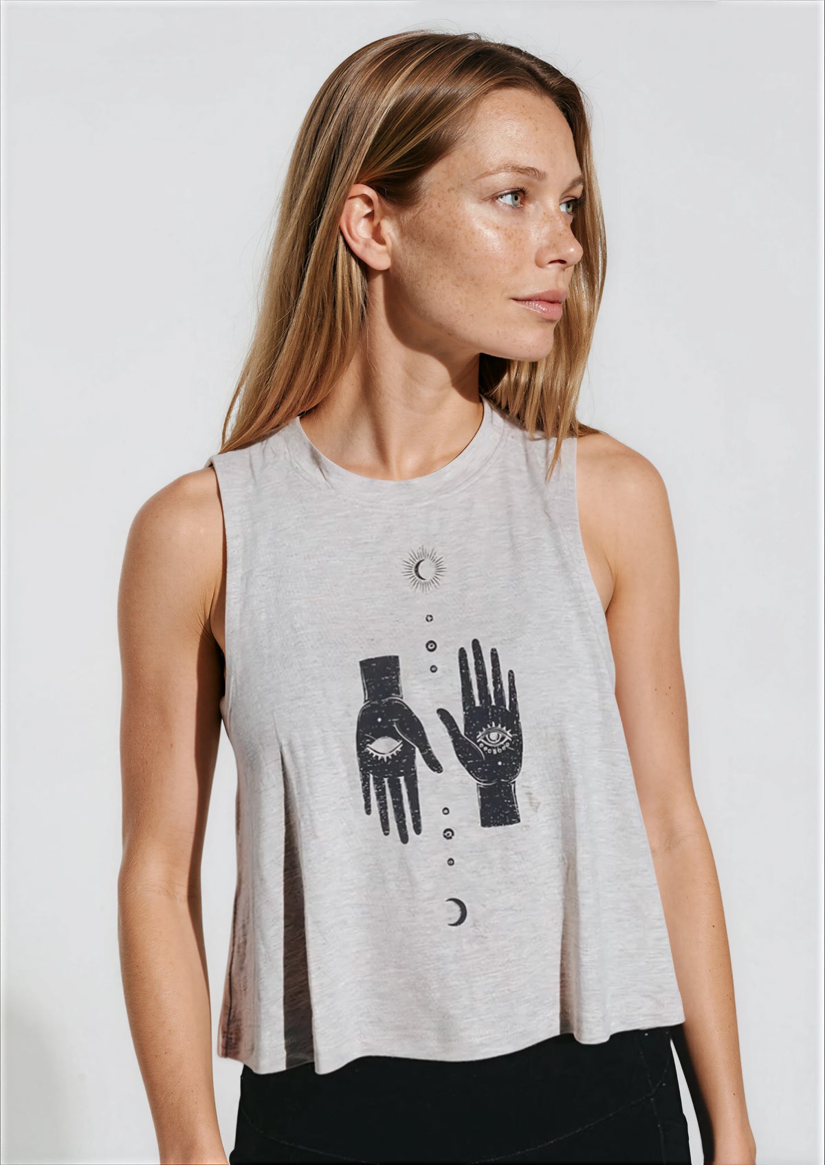 Cropped sleeveless Day and Night tank with celestial detail