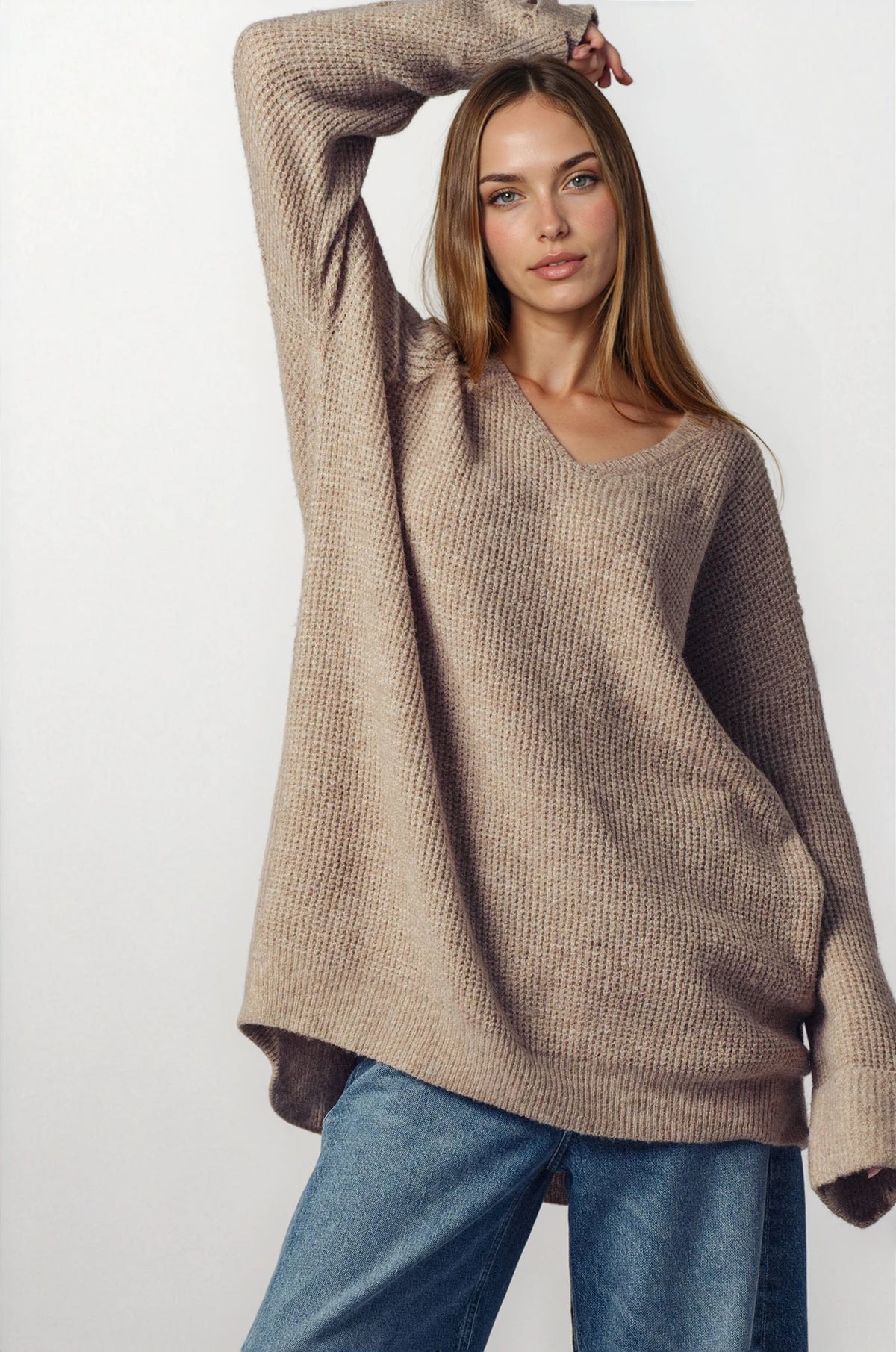 Oversized Knit V-Neck Sweater Tunic Top - House of Caelo Athleisure Wear, Yoga Wear & Women's Clothing