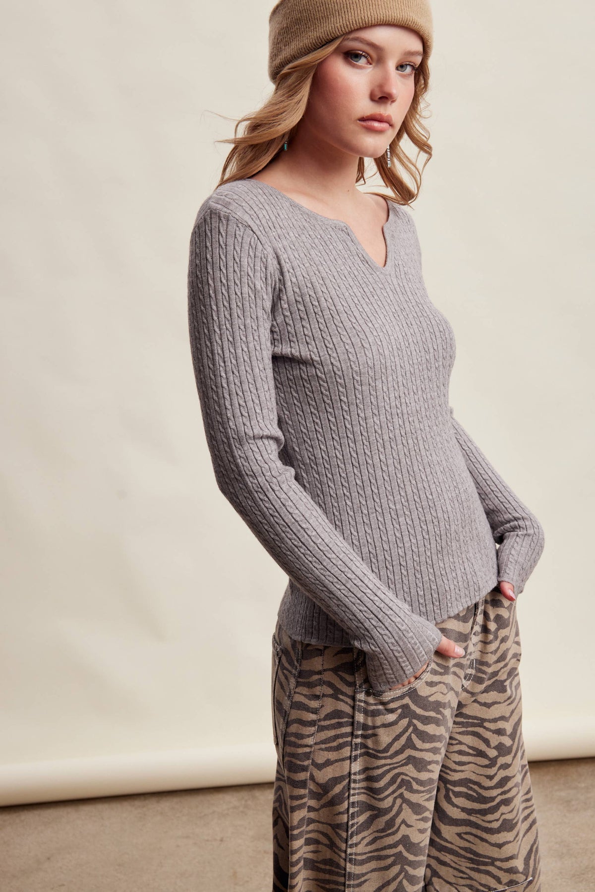 Ribbed V-Neck Knit Top