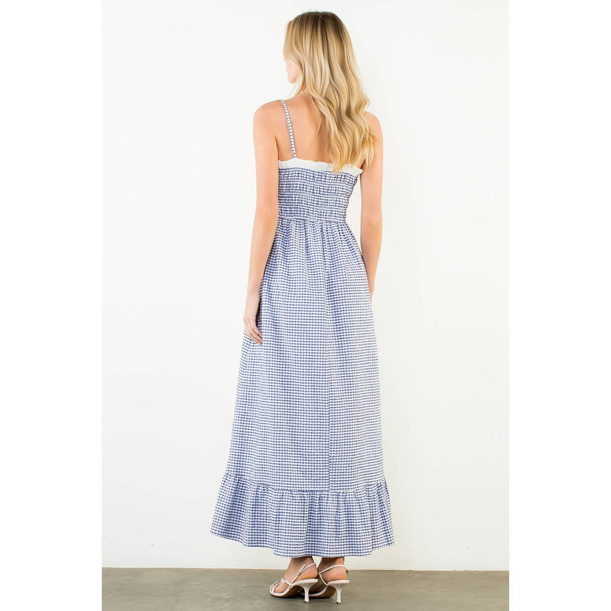 Coastal Brunch Gingham Smocked Maxi Dress, view 6 | Fitkitty Culture®