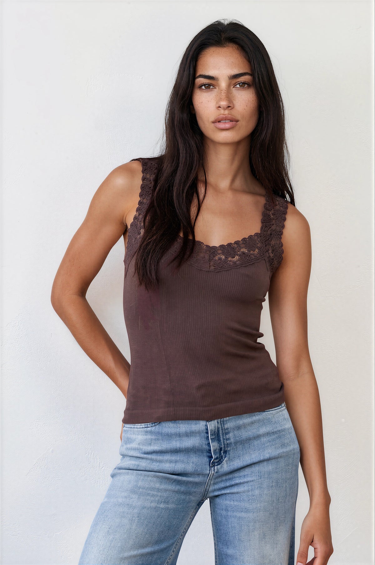 Ribbed Seamless Tank with Lace Trim, view 3 | Fitkitty Culture®