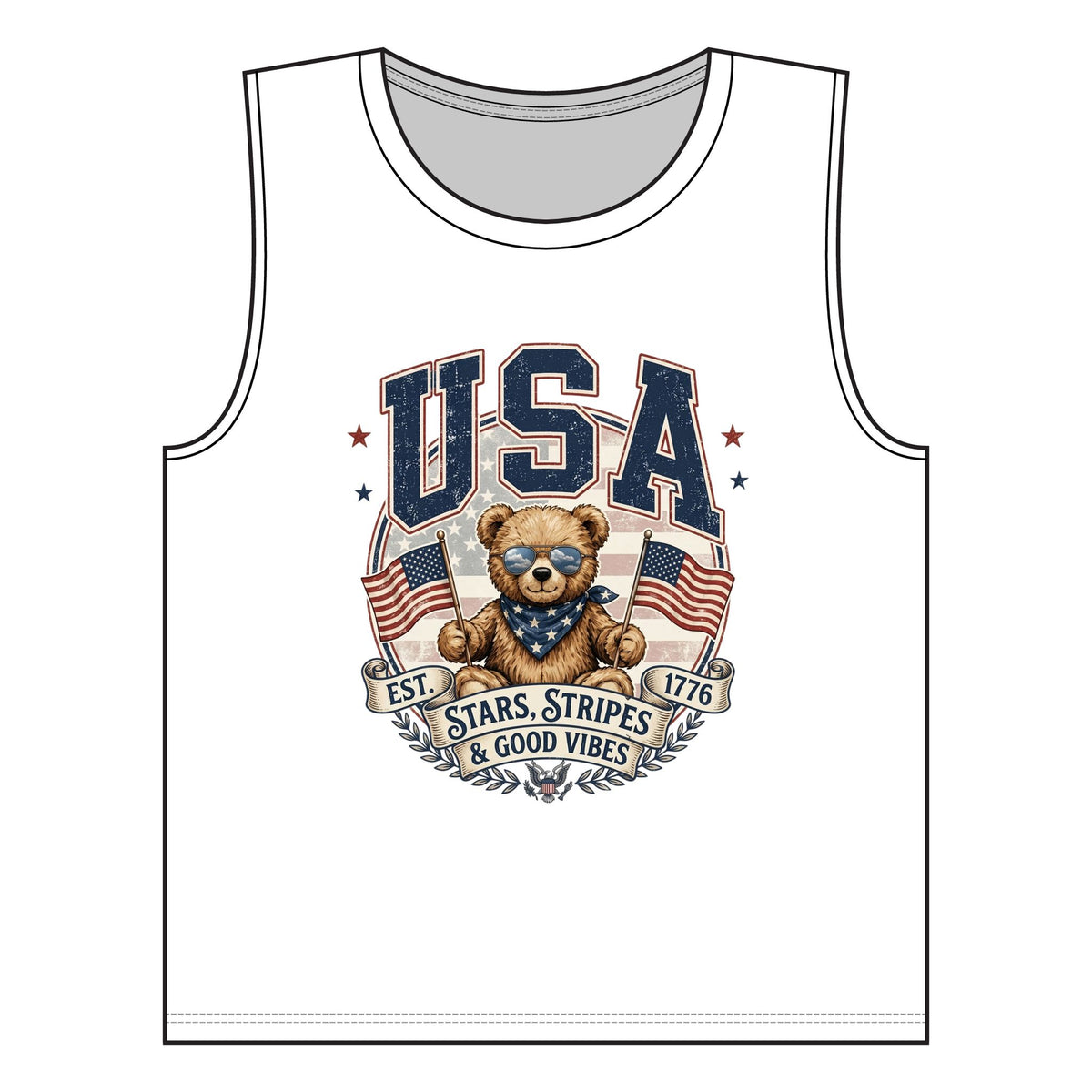 USA Teddy Bear Muscle Tank — Stars, Stripes & Good Vibes Fourth of July Tank Top, view 5 | Fitkitty Culture®
