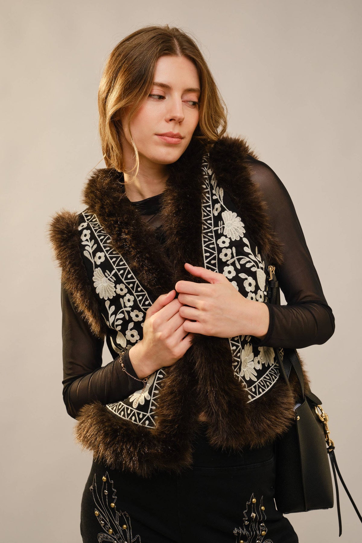 Embroidered Faux Suede Vest with Fur Trim, view 3 | Fitkitty Culture®