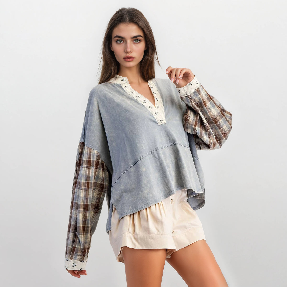 Mineral Washed Floral Trim Plaid Contrast Top - House of Caelo Athleisure Wear, Yoga Wear & Women's Clothing