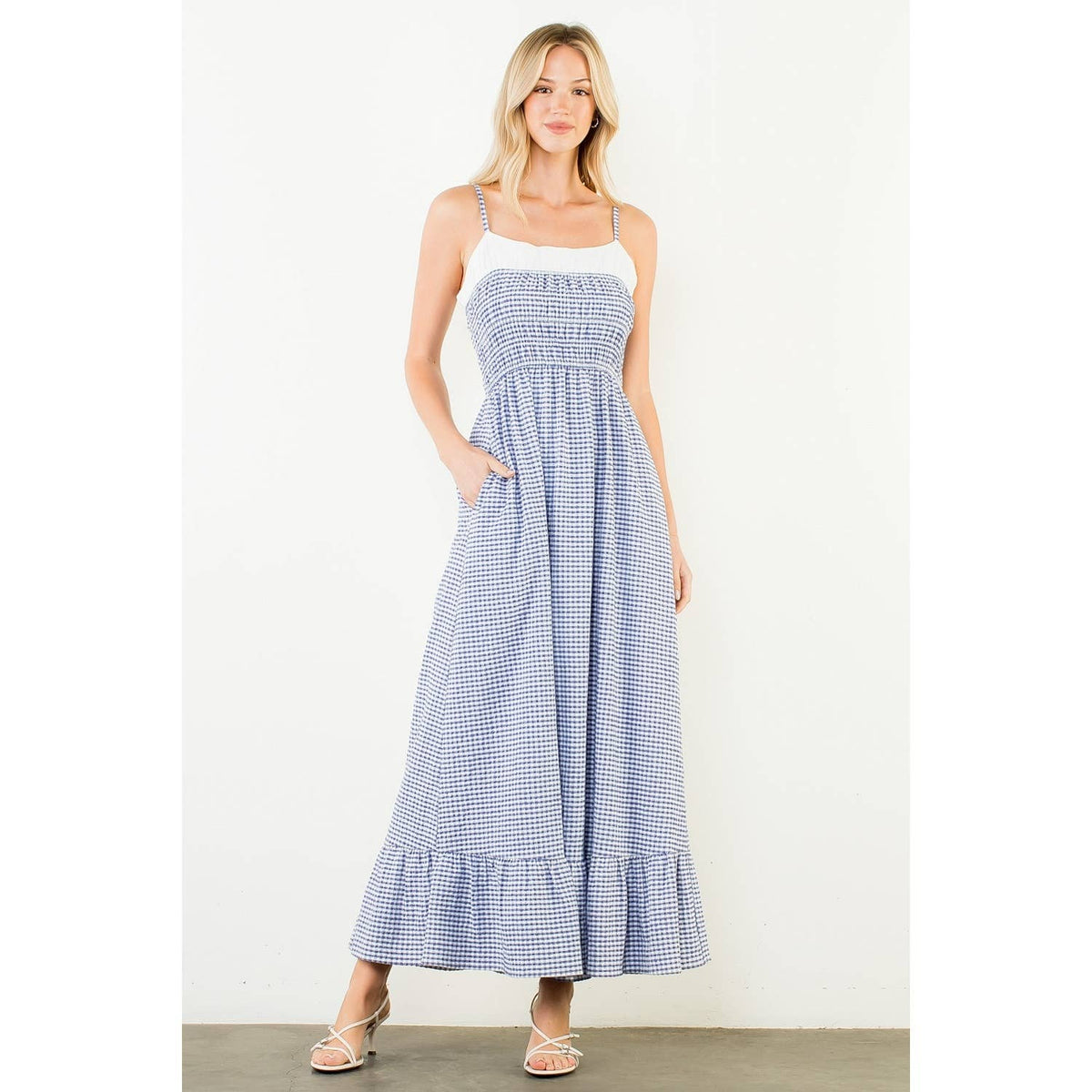 Coastal Brunch Gingham Smocked Maxi Dress, view 4 | Fitkitty Culture®