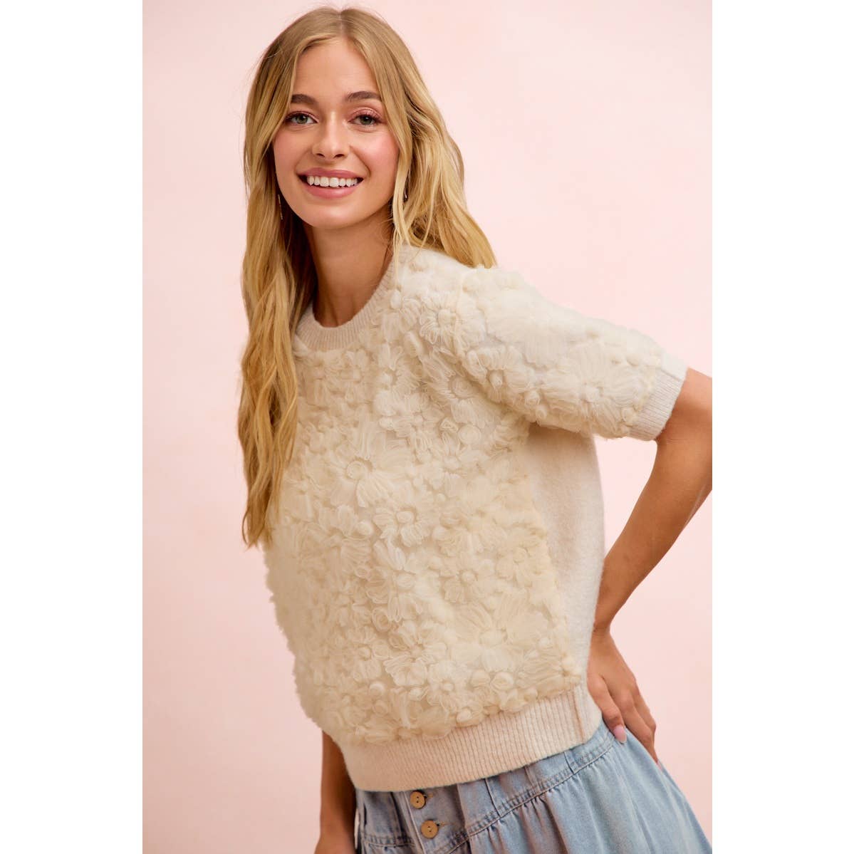 Ivory Bloom 3D Floral Knit Top, view 10 | Fitkitty Culture®